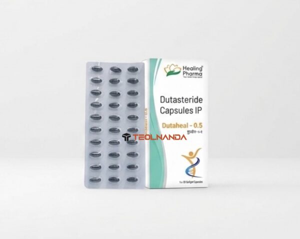 Dutasteride capsules in a blister pack beside a Healing Pharma box labeled Dutasteride Capsules IP (Dutaheal-0.5).