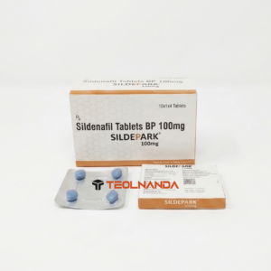 Box of Sildenafil Tablets BP 100mg (SILDEPARK) with blue tablets in blister pack on white background
