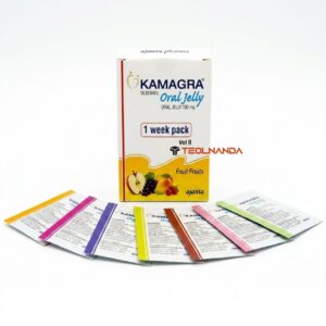 Box of Kamagra Oral Jelly (100 mg) with fruit flavor sachets laid out in front, labeled '1 week pack' and 'Fruit Fruits' on a white background