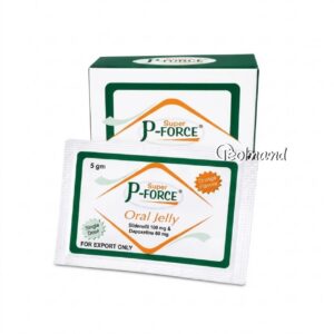 P-Force Super box with an orange triangular logo and an orange-flavored oral jelly sachet labeled Sildenafil 100 mg and Dapoxetine 60 mg (export only).
