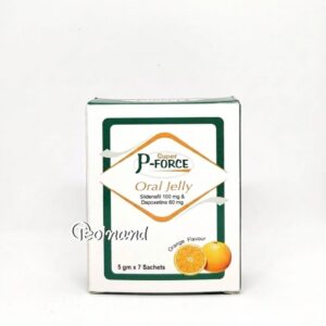 Box of P-Force Oral Jelly for ED/PE with orange flavor; sildenafil 100 mg and dapoxetine 60 mg per sachet, 5 g x 7 sachets (front view).